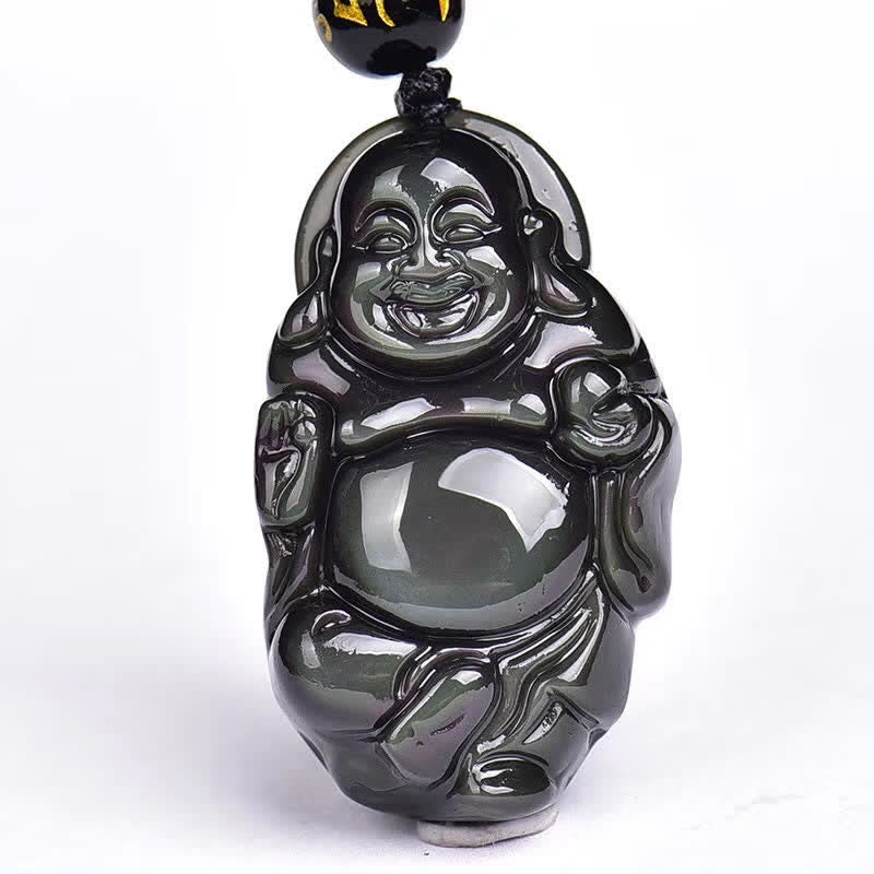 Pendentif Bouddha rieur en obsidienne arc-en-ciel pour la paix intérieure