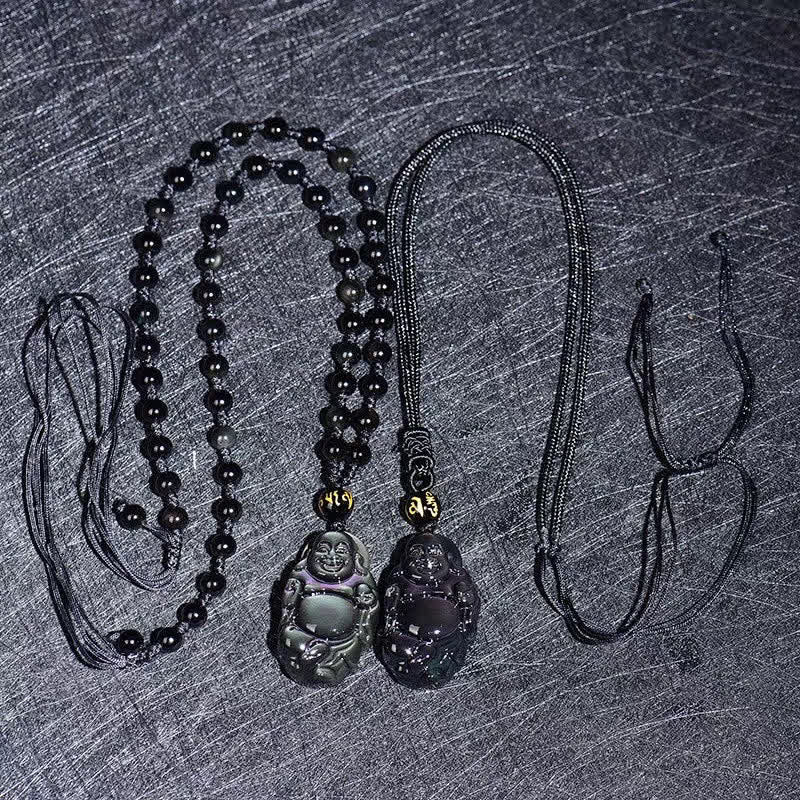 Pendentif Bouddha rieur en obsidienne arc-en-ciel pour la paix intérieure