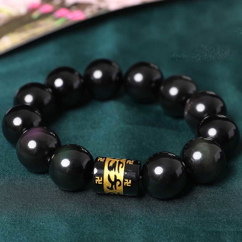 Bracelet Om Mani Padme Hum Swastika en obsidienne arc-en-ciel 14 mm