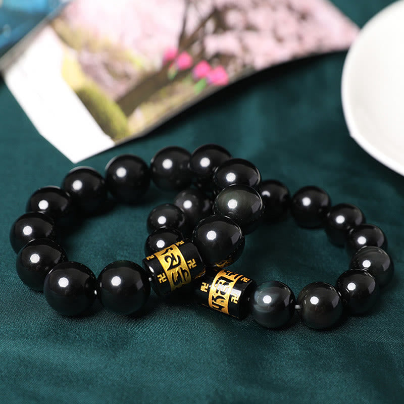 Bracelet Om Mani Padme Hum Swastika en obsidienne arc-en-ciel 14 mm