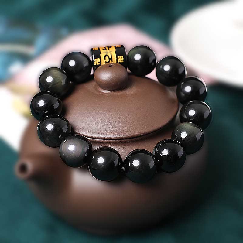 Bracelet Om Mani Padme Hum Swastika en obsidienne arc-en-ciel 14 mm