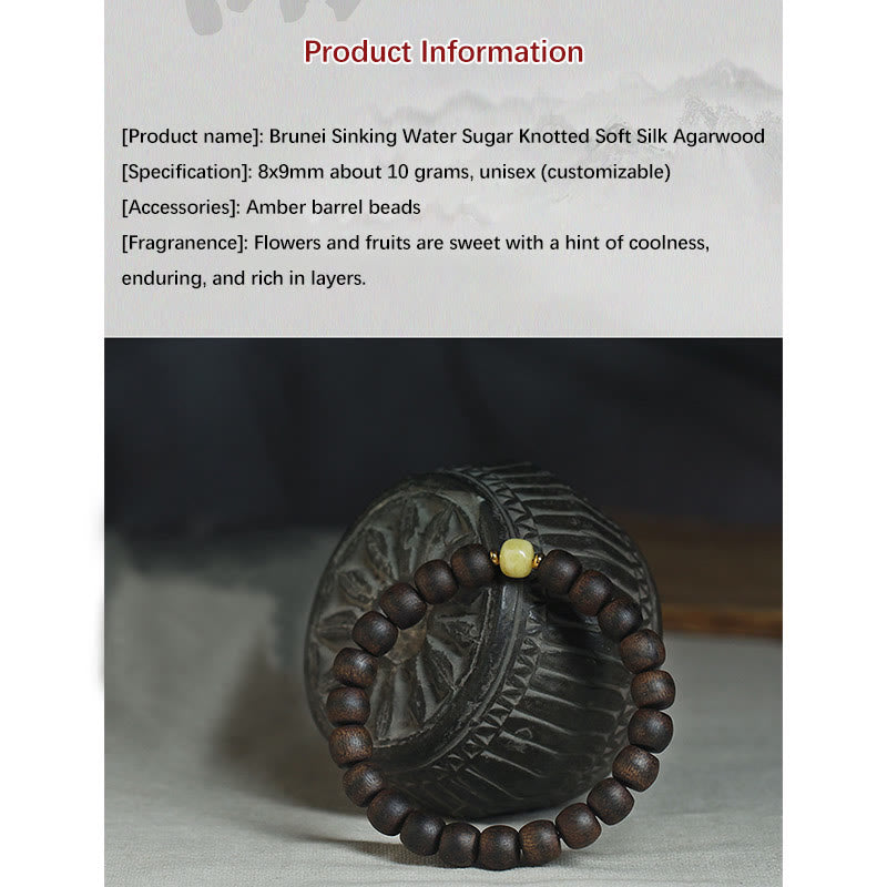 Bracelet en ambre et bois d'agar de Brunei rare pour l'équilibre et le calme
