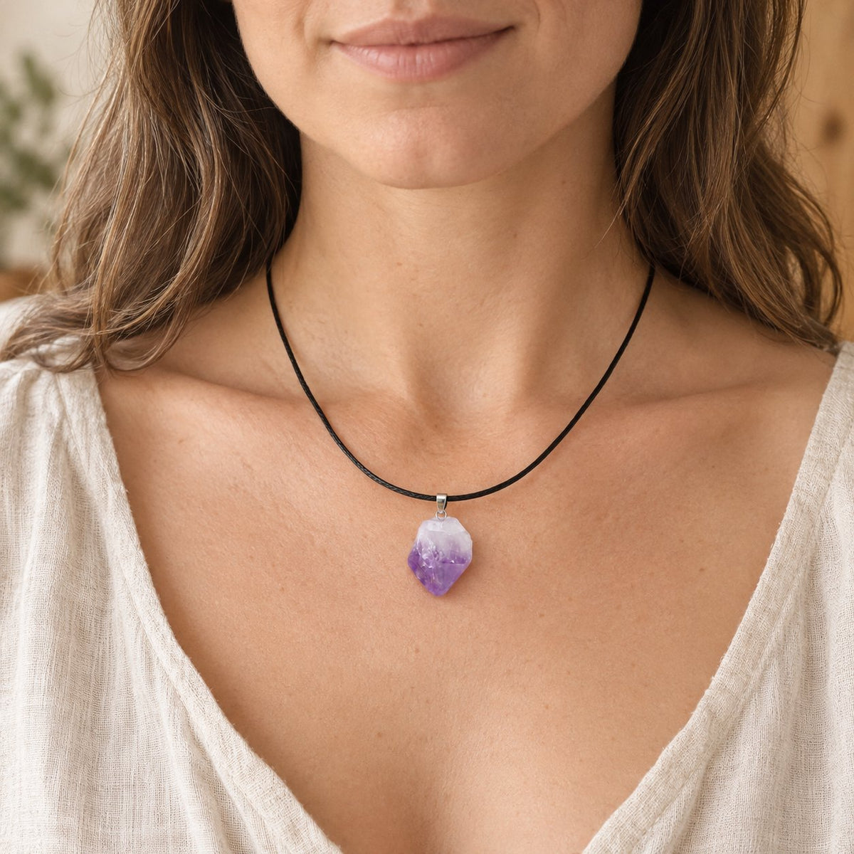 Raw Amethyst Crystal Pendant Necklace 16-19 Inch Meditation Jewelry, amethyst pendant worn