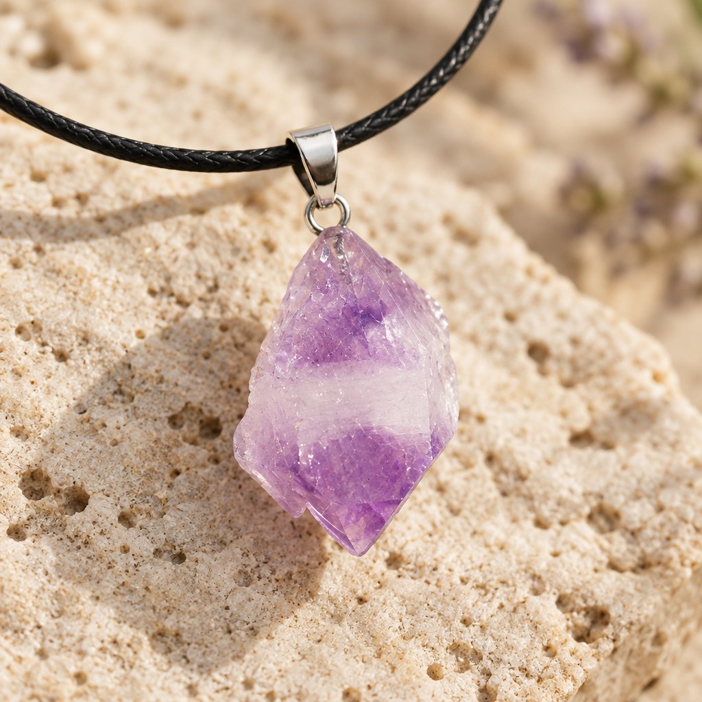 Raw Amethyst Crystal Pendant Necklace 16-19 Inch Meditation Jewelry, close-up of the material and finish