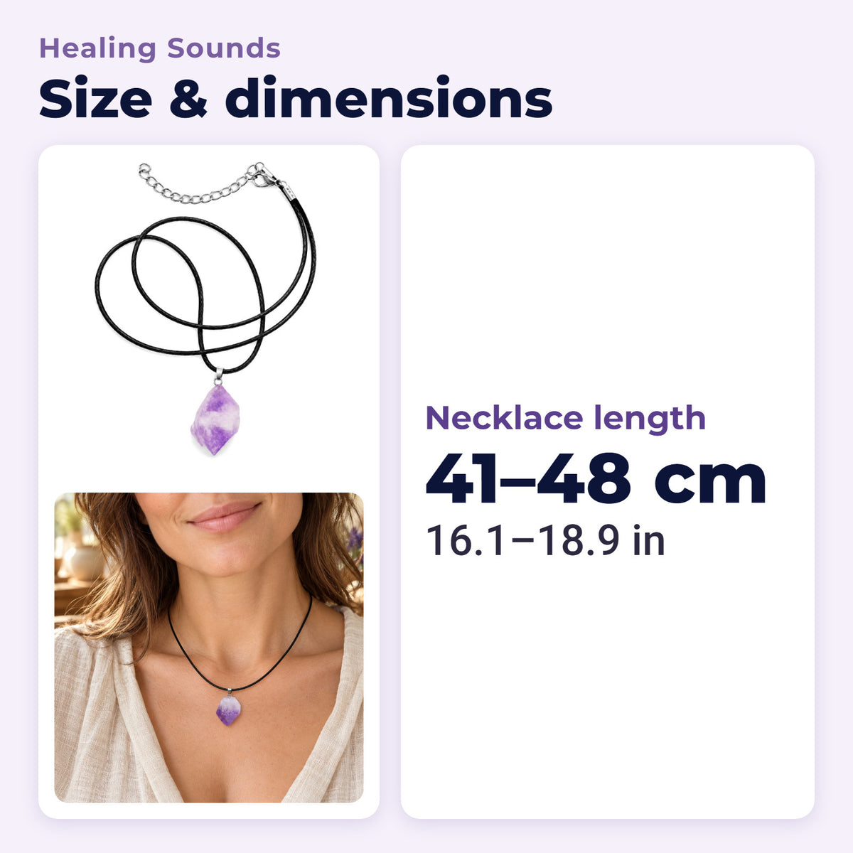 Raw Amethyst Crystal Pendant Necklace 16-19 Inch Meditation Jewelry, size and dimensions in millimetres and inches
