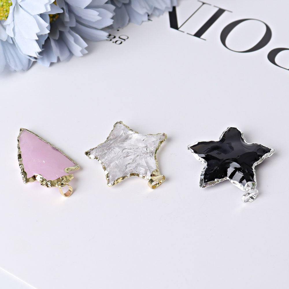 Raw Rose Quartz, Black Obsidian & Clear Quartz Star Pendants 1 inch