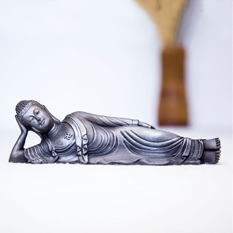 Statue de Bouddha couché en poudre de fer rouille coulée 17,5 cm Sculpture