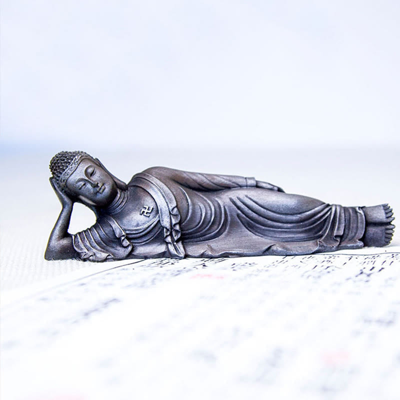 Statue de Bouddha couché en poudre de fer rouille coulée 17,5 cm Sculpture