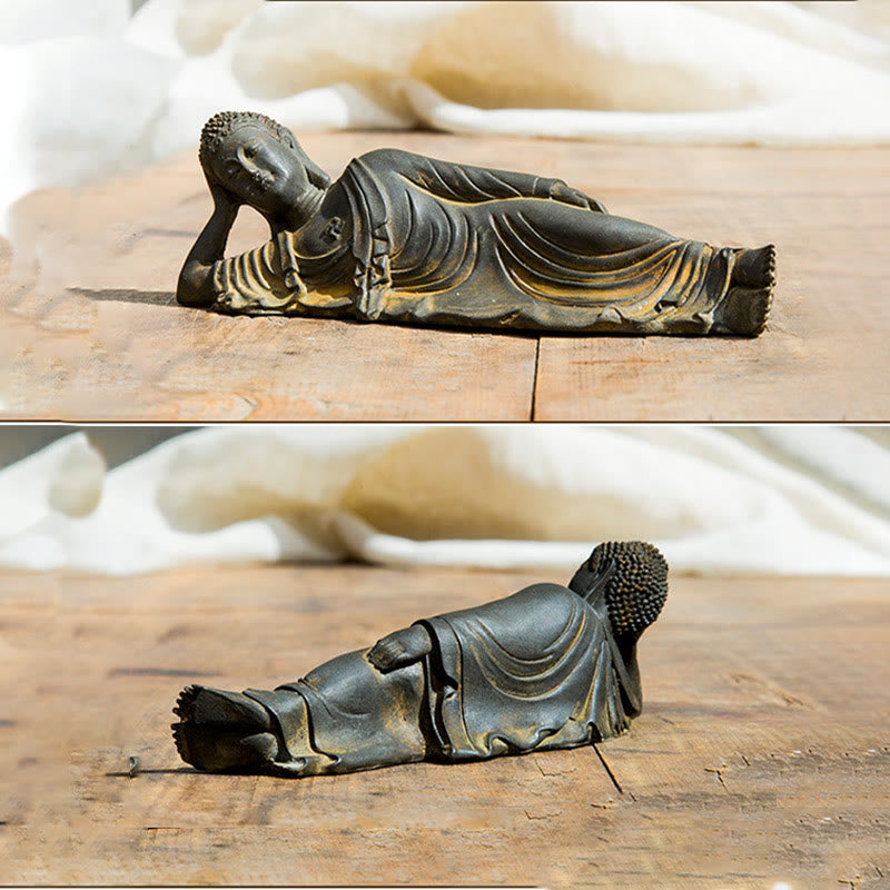 Statue de Bouddha couché en poudre de fer rouille coulée 17,5 cm Sculpture