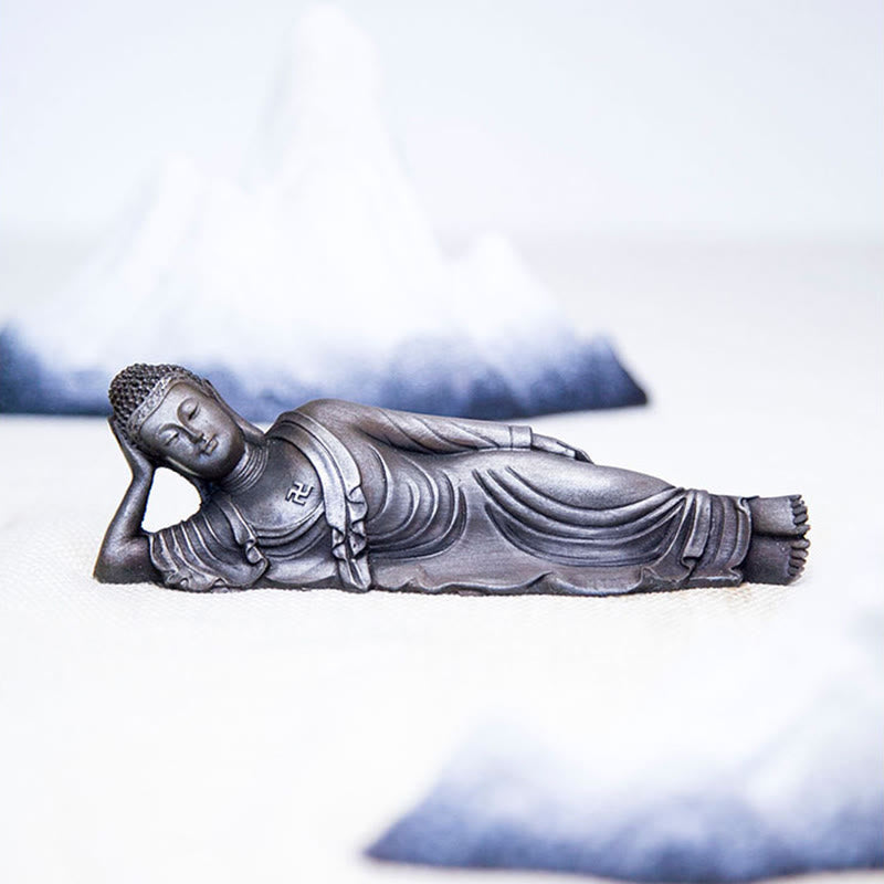 Statue de Bouddha couché en poudre de fer rouille coulée 17,5 cm Sculpture