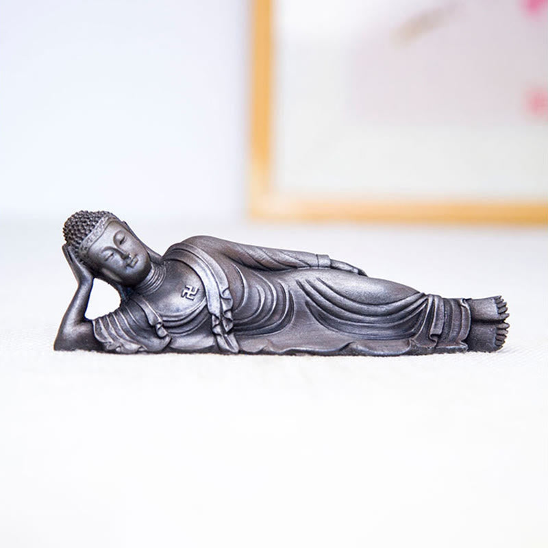 Statue de Bouddha couché en poudre de fer rouille coulée 17,5 cm Sculpture