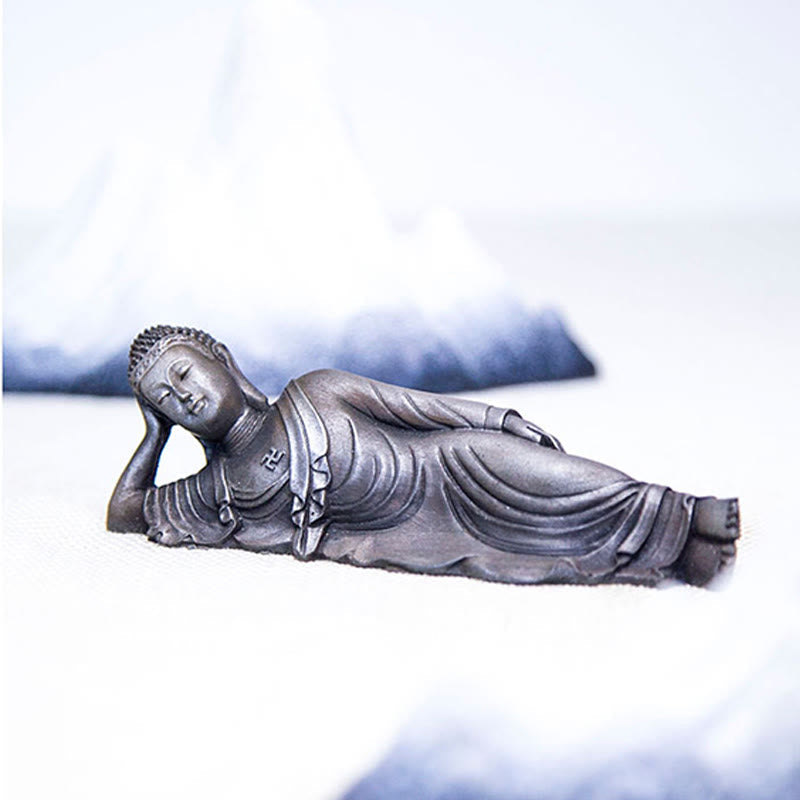 Statue de Bouddha couché en poudre de fer rouille coulée 17,5 cm Sculpture