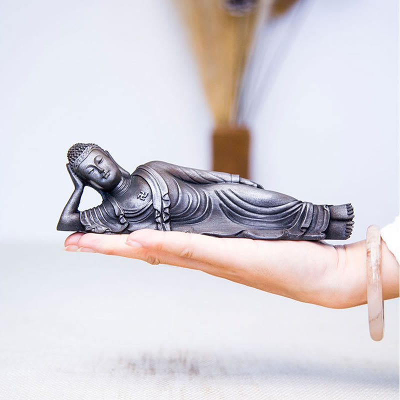 Statue de Bouddha couché en poudre de fer rouille coulée 17,5 cm Sculpture