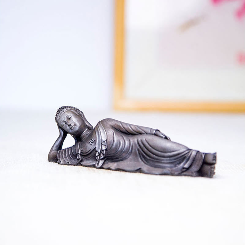 Statue de Bouddha couché en poudre de fer rouille coulée 17,5 cm Sculpture