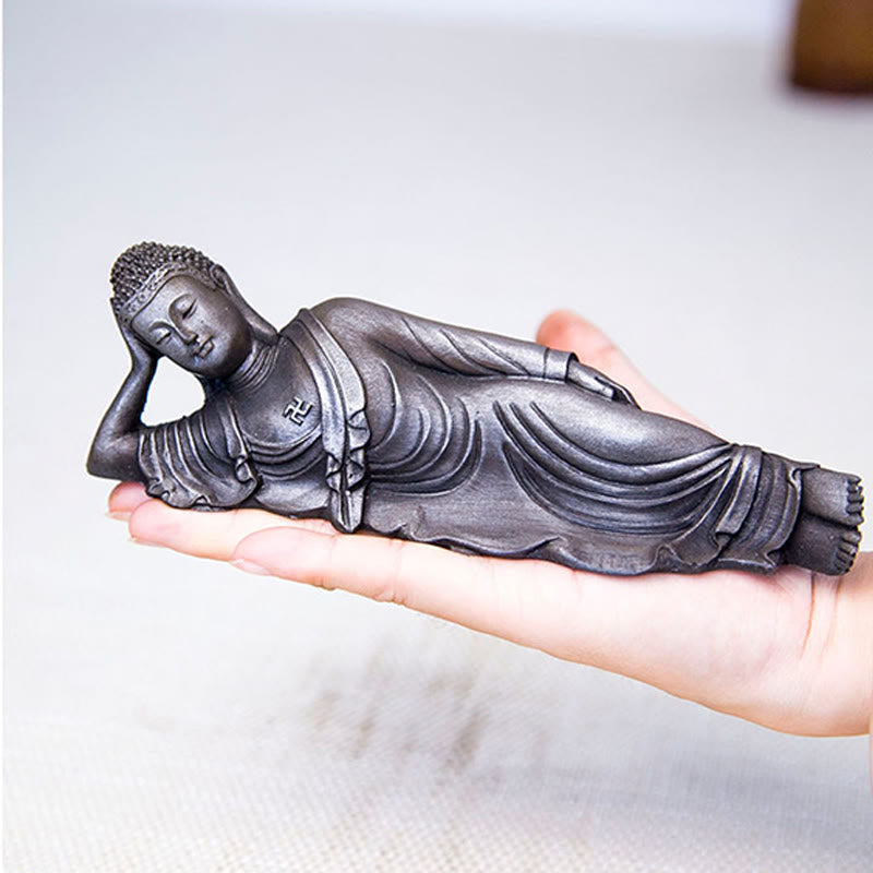 Statue de Bouddha couché en poudre de fer rouille coulée 17,5 cm Sculpture