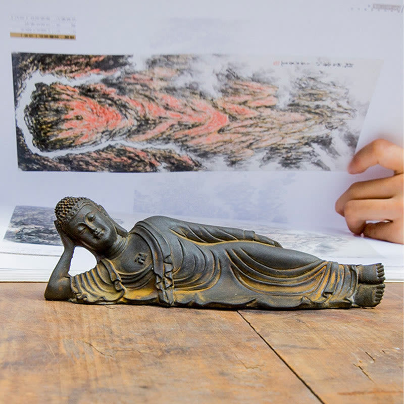 Statue de Bouddha couché en poudre de fer rouille coulée 17,5 cm Sculpture