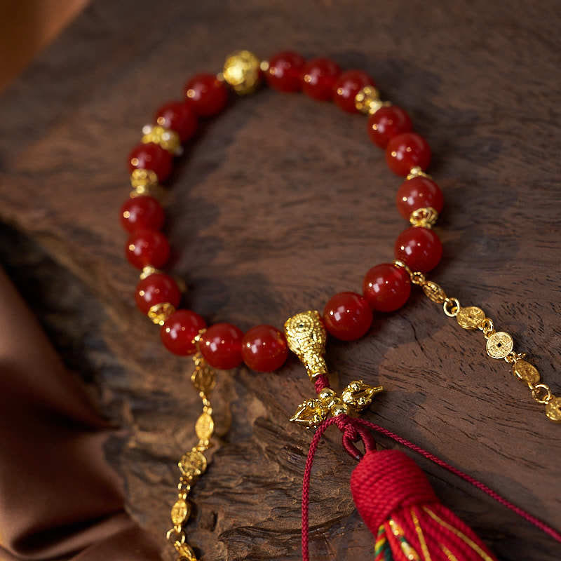 Mala de poignet en agate rouge, 18 perles et pièces de cuivre pour le calme et la confiance