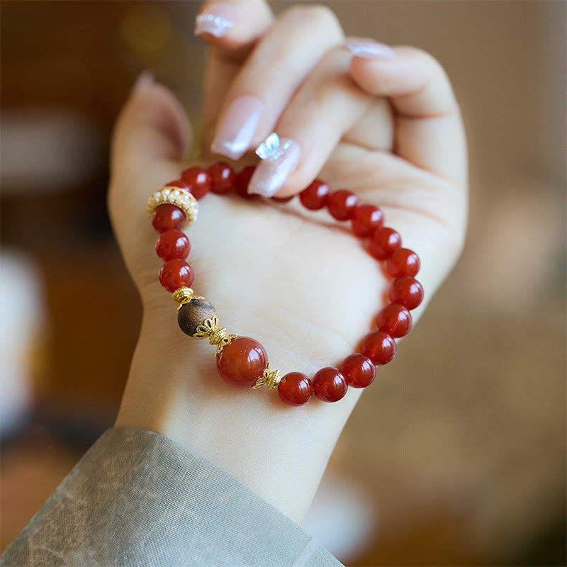 Bracelet de confiance en bois d'agar et agate rouge, perles de 8 à 12 mm