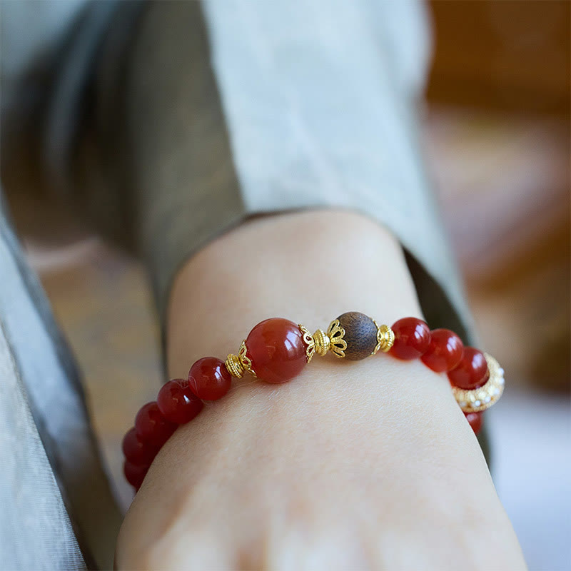 Bracelet de confiance en bois d'agar et agate rouge, perles de 8 à 12 mm