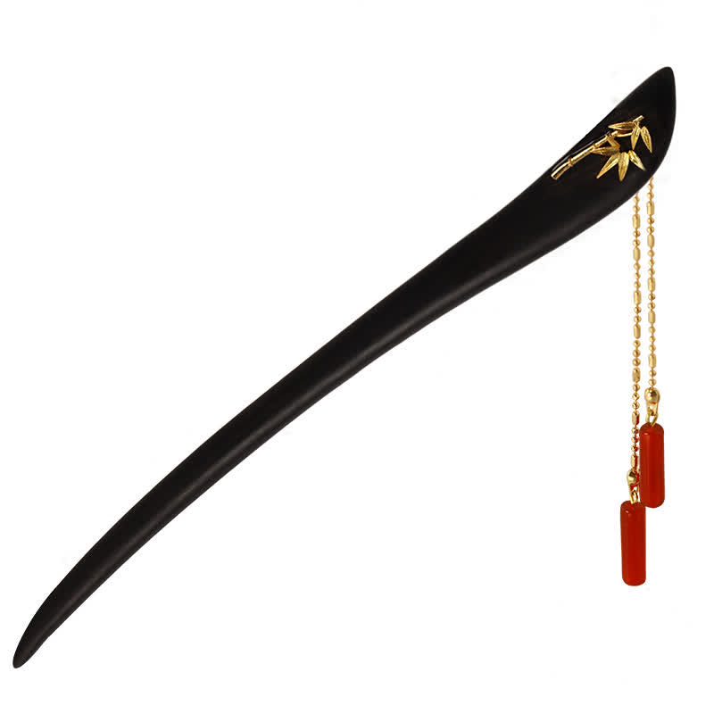 Épingle à cheveux chinoise en bois d'ébène et agate rouge avec pompon
