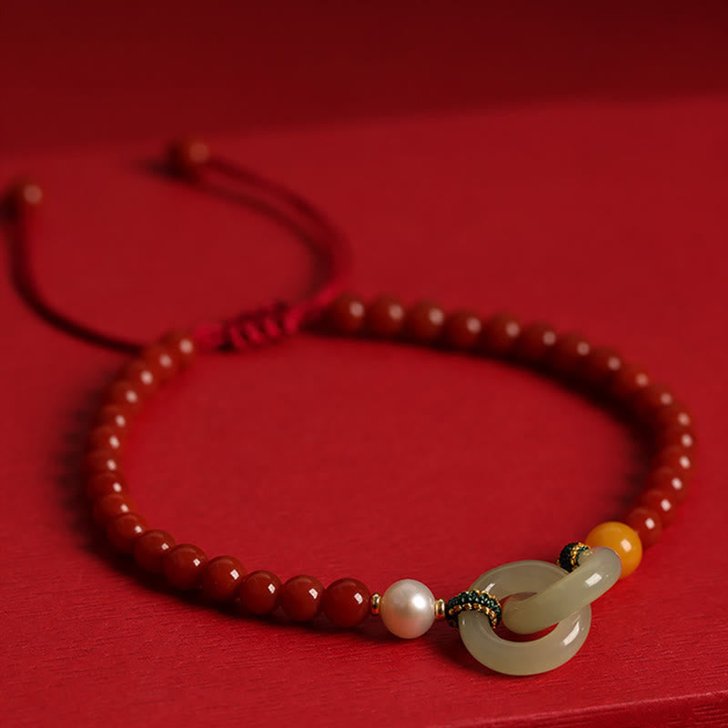 Bracelet de confiance en agate rouge et jade Hetian avec boucle de paix