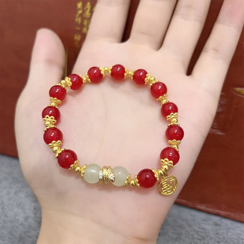 Bracelet Fu en jade et agate rouge pour l'année du serpent, énergie calme