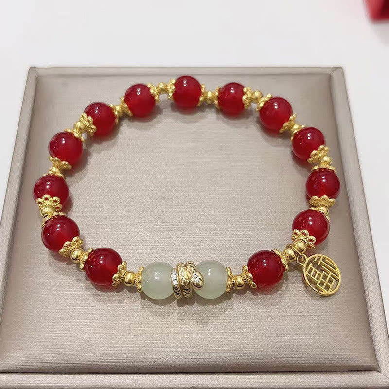 Bracelet Fu en jade et agate rouge pour l'année du serpent, énergie calme