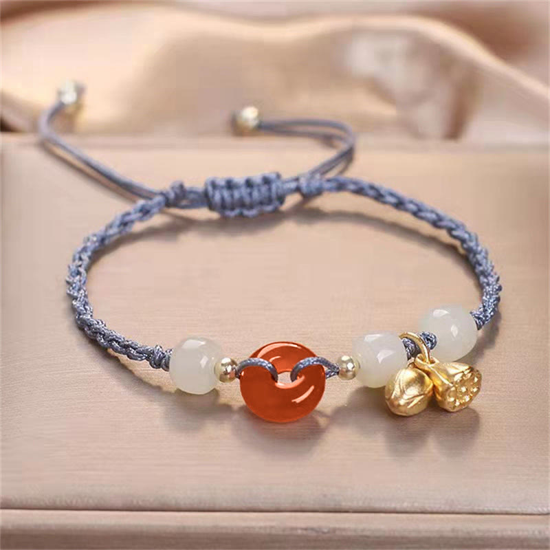 Bracelet tressé avec boucle de paix en agate rouge et jade 14-18 cm
