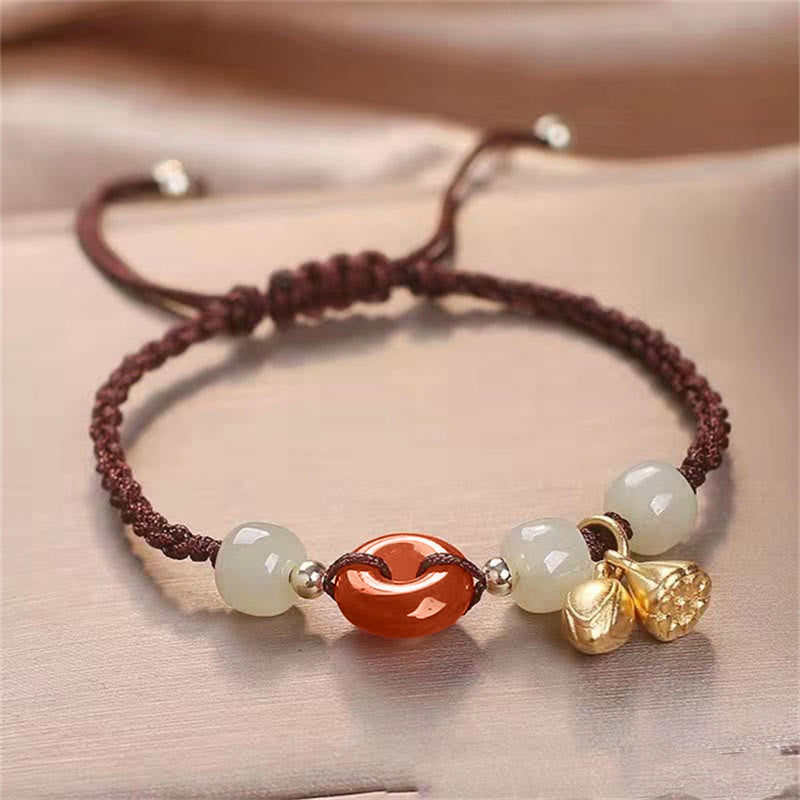 Bracelet tressé avec boucle de paix en agate rouge et jade 14-18 cm