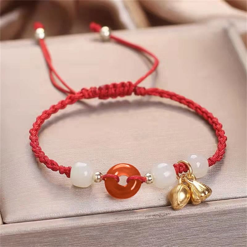 Bracelet tressé avec boucle de paix en agate rouge et jade 14-18 cm