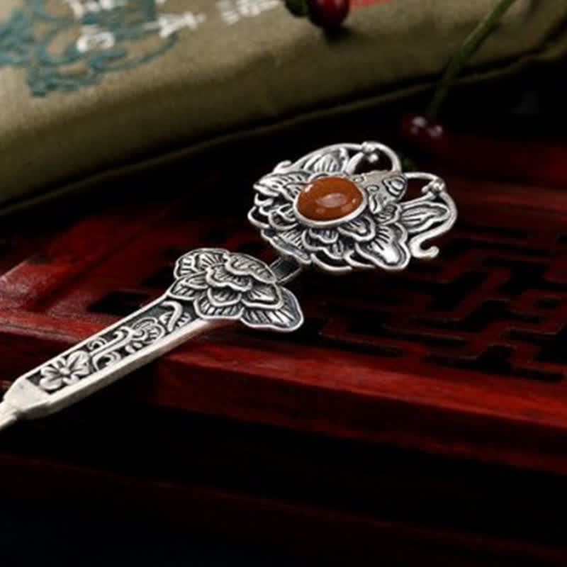 Épingle à cheveux en agate rouge et fleur de pivoine | Confiance et calme 13,4 cm