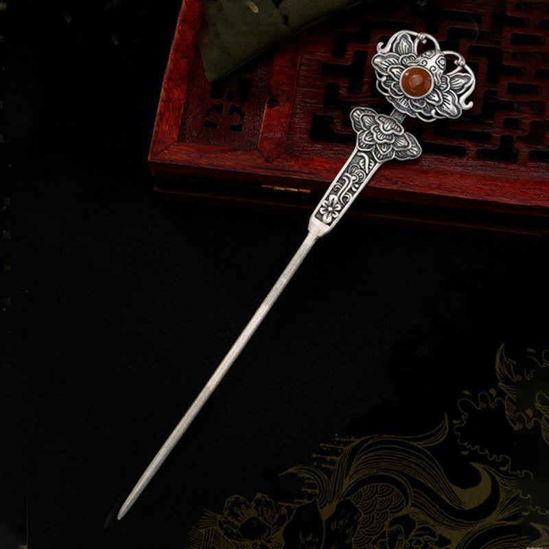Épingle à cheveux en agate rouge et fleur de pivoine | Confiance et calme 13,4 cm