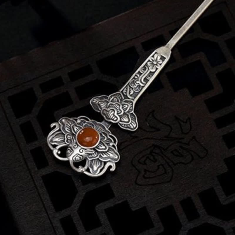 Épingle à cheveux en agate rouge et fleur de pivoine | Confiance et calme 13,4 cm