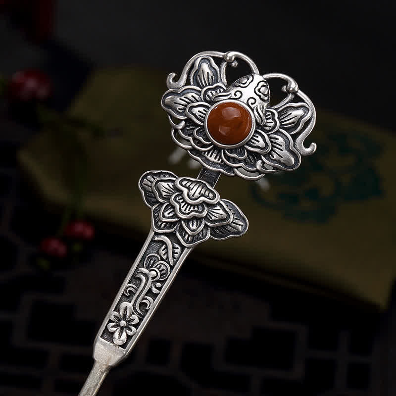 Épingle à cheveux en agate rouge et fleur de pivoine | Confiance et calme 13,4 cm