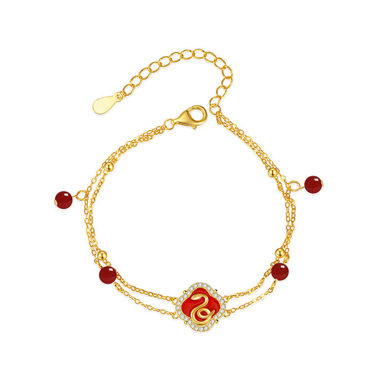 Bracelet porte-bonheur serpent en argent sterling et agate rouge