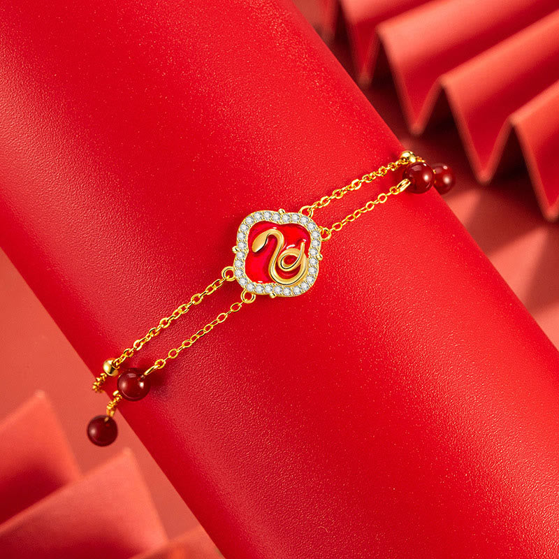 Bracelet porte-bonheur serpent en argent sterling et agate rouge