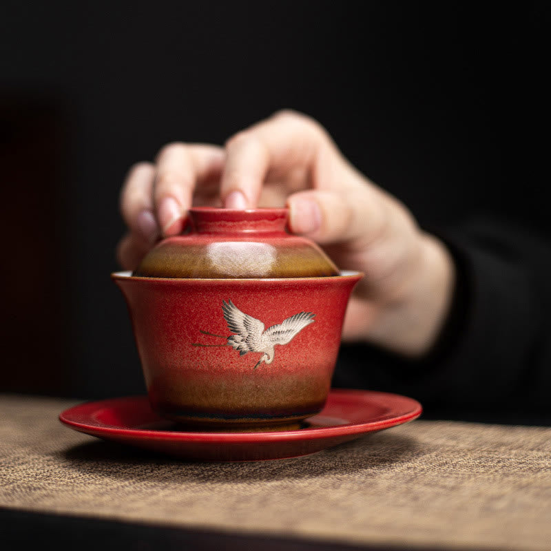Tasse à thé Gaiwan Sancai en céramique Motif Grue de Bon augure Rouge | Décoration Zen