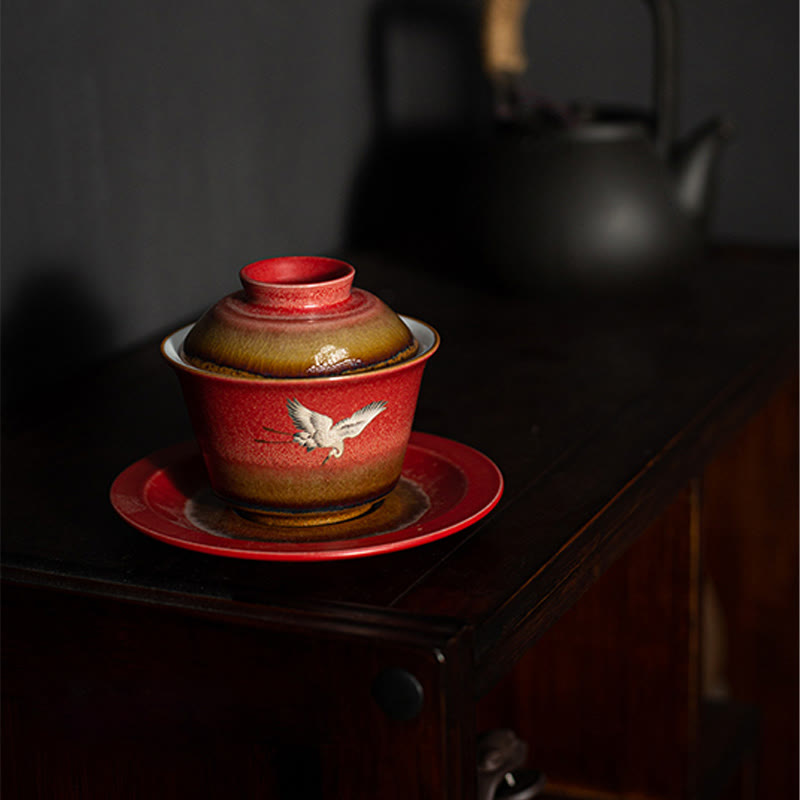 Tasse à thé Gaiwan Sancai en céramique Motif Grue de Bon augure Rouge | Décoration Zen