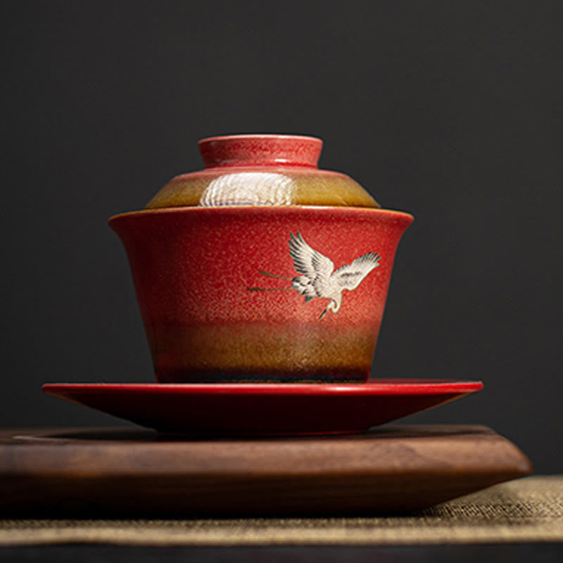 Tasse à thé Gaiwan Sancai en céramique Motif Grue de Bon augure Rouge | Décoration Zen