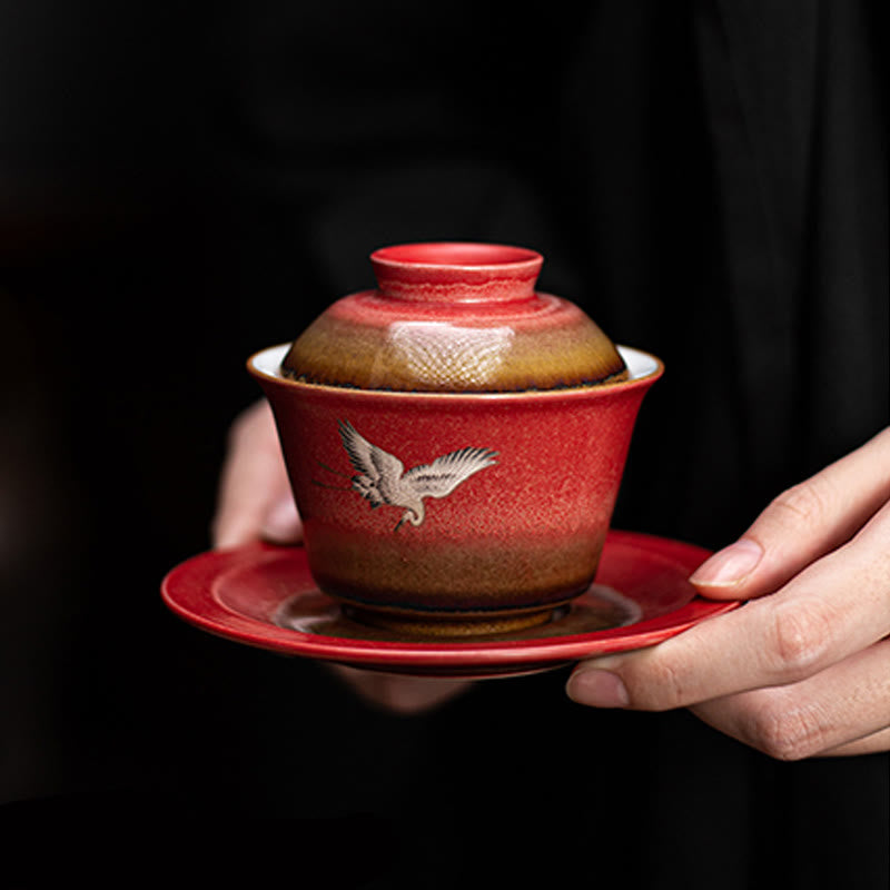 Tasse à thé Gaiwan Sancai en céramique Motif Grue de Bon augure Rouge | Décoration Zen