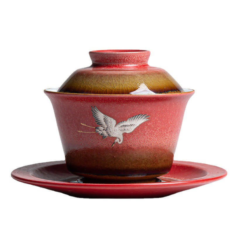 Tasse à thé Gaiwan Sancai en céramique Motif Grue de Bon augure Rouge | Décoration Zen