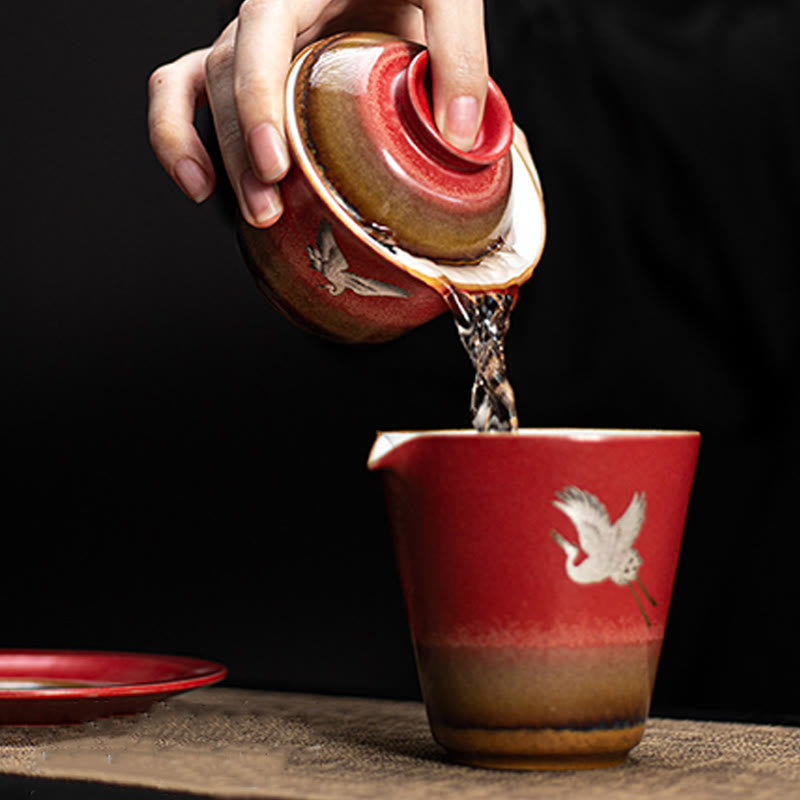 Tasse à thé Gaiwan Sancai en céramique Motif Grue de Bon augure Rouge | Décoration Zen