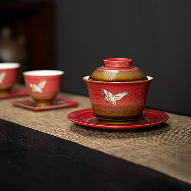 Tasse à thé Gaiwan Sancai en céramique Motif Grue de Bon augure Rouge | Décoration Zen