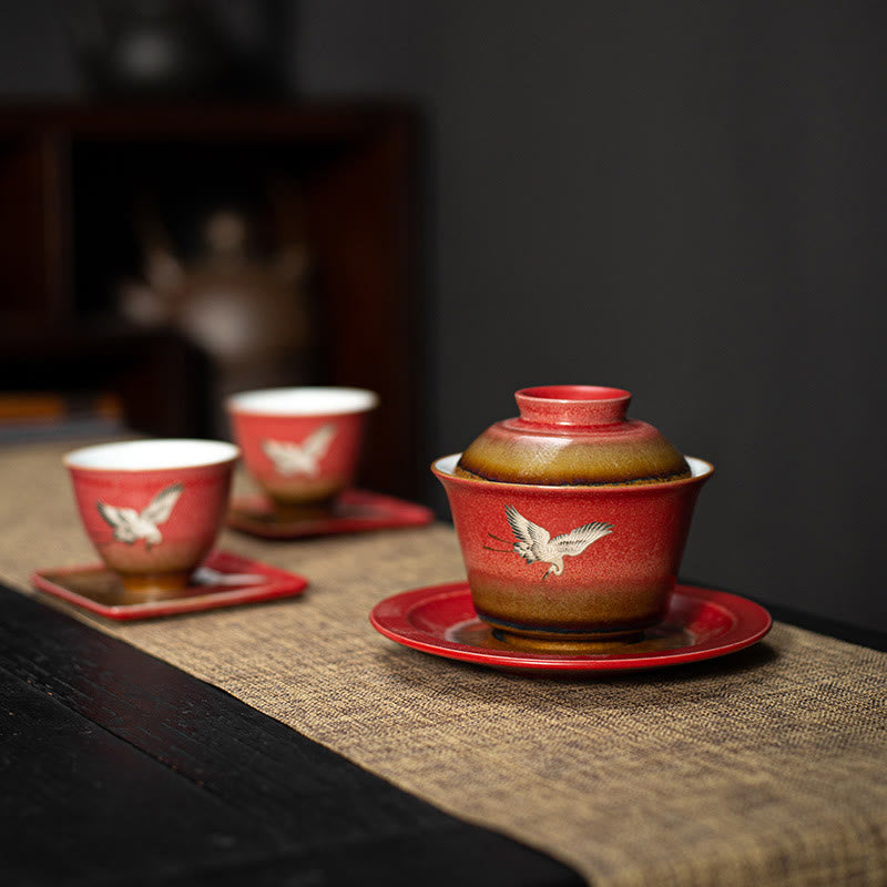 Tasse à thé Gaiwan Sancai en céramique Motif Grue de Bon augure Rouge | Décoration Zen