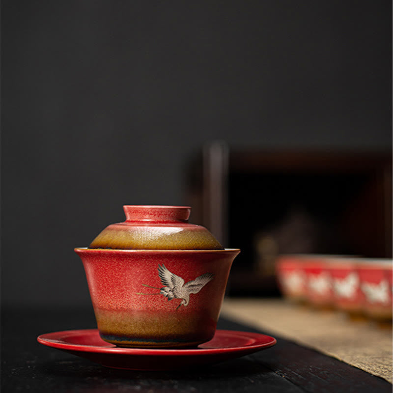 Tasse à thé Gaiwan Sancai en céramique Motif Grue de Bon augure Rouge | Décoration Zen