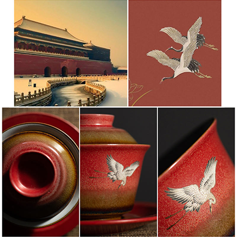 Tasse à thé Gaiwan Sancai en céramique Motif Grue de Bon augure Rouge | Décoration Zen