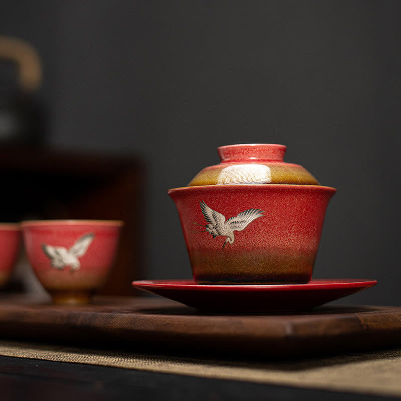 Tasse à thé Gaiwan Sancai en céramique Motif Grue de Bon augure Rouge | Décoration Zen