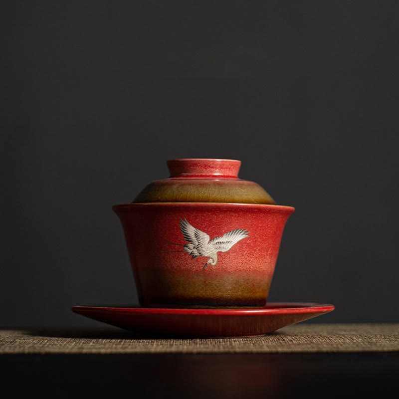 Tasse à thé Gaiwan Sancai en céramique Motif Grue de Bon augure Rouge | Décoration Zen