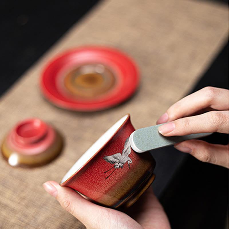 Tasse à thé Gaiwan Sancai en céramique Motif Grue de Bon augure Rouge | Décoration Zen