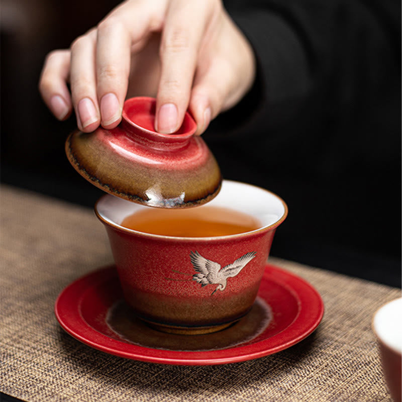 Tasse à thé Gaiwan Sancai en céramique Motif Grue de Bon augure Rouge | Décoration Zen